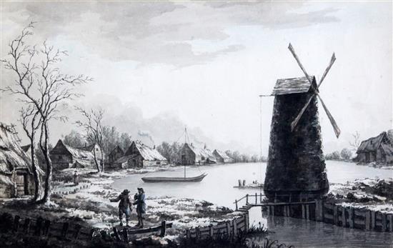 Mary Mitford c.1770 Figures in discussion beside a windmill 9 x 12.75in. Provenance: Abbott & Holder